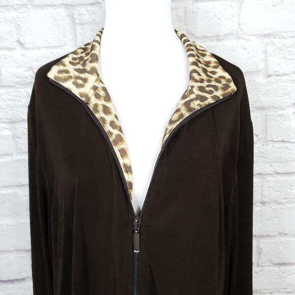 Chico's Travelers Sz 3 Jacket Brown Leopard Animal Print Trim Zipper Front XL 16 - Picture 3 of 9